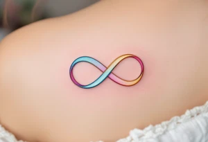 A trio of intertwined ribbons in pastel pink, blue, and golden yellow, forming an infinity loop of love. tattoo idea