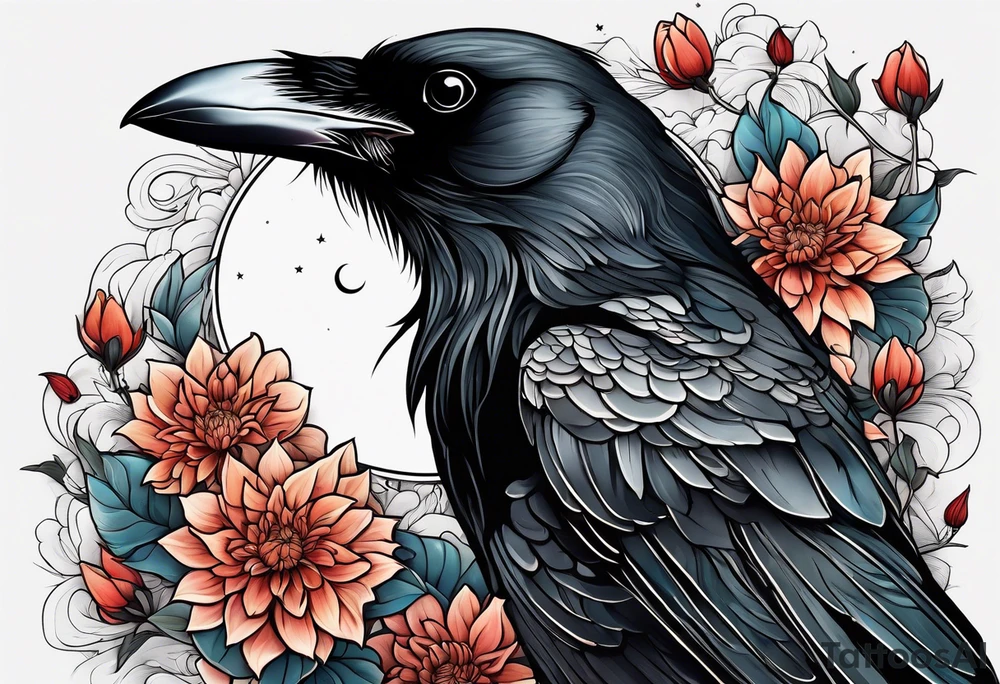 Perched crow surrounded by dahlia flowers with a moon in the background tattoo idea