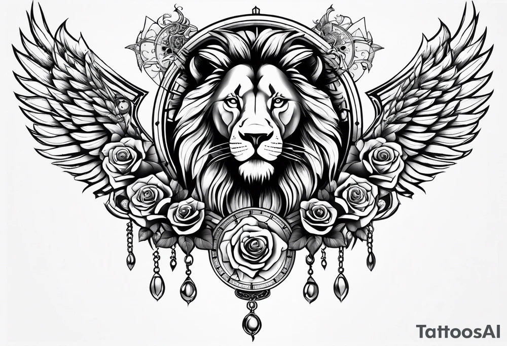 lion clock rose cross chain wing on thigh tattoo idea
