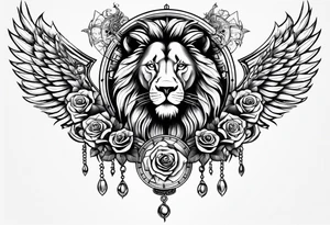 lion clock rose cross chain wing on thigh tattoo idea