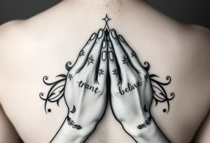 Prayer hands together trust, believe, crown tattoo idea