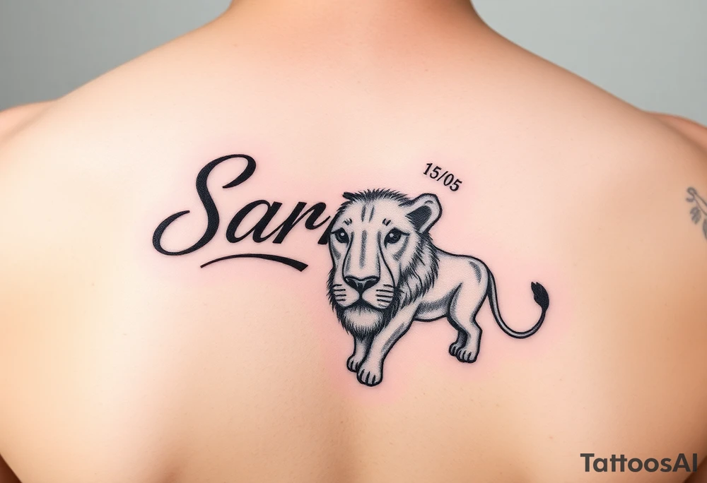 Safarii in cursive with time “15:05” and date “3/18/25” with lion tattoo idea