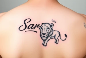 Safarii in cursive with time “15:05” and date “3/18/25” with lion tattoo idea