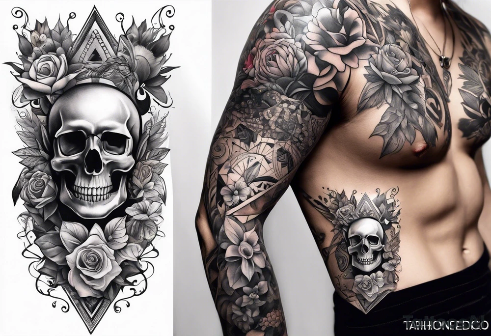 Full tattoo sleeve with flowers, leaves, dogs, drugs, money, euro bank notes, skull, with tribal eyes tattoo idea