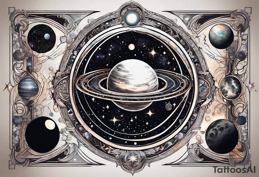 A tattoo featuring a cosmic scene with planets, black holes, and supernovae intertwined with intricate linguistic symbols, reflecting the client's interests in cosmology and linguistics. tattoo idea