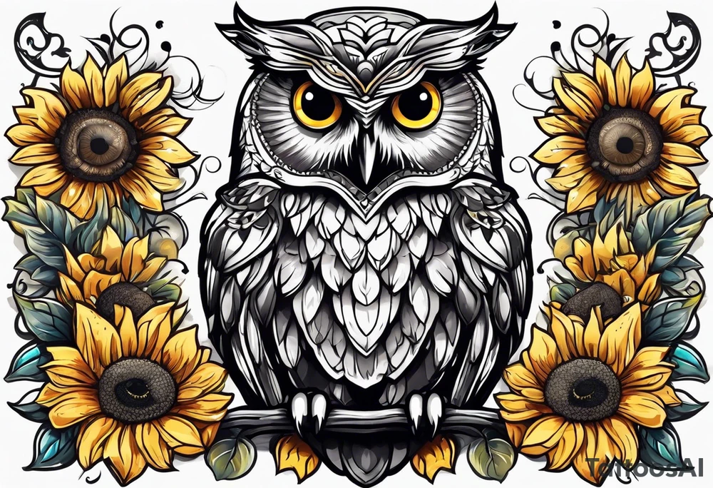 Owl with butterfly body surrounded by sunflowers tattoo idea