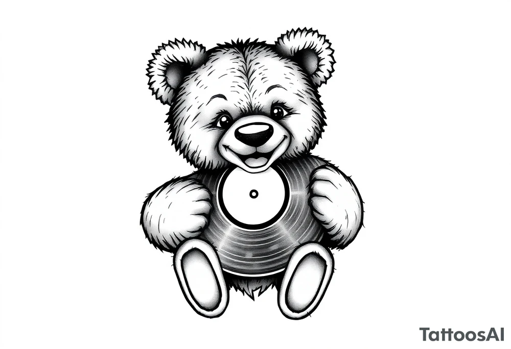 smiling teddy bear holding a vinyl record tattoo idea