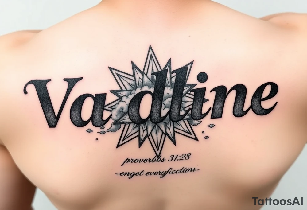 The name Vadline large print text on a human forearm in stencil format hot dog direction hyper realistic star with lots of clouds and subtext underneath is the quote proverbs 31:28 from the Bible with white highlights and shading everywhere looking freshly done and very unique tattoo idea
