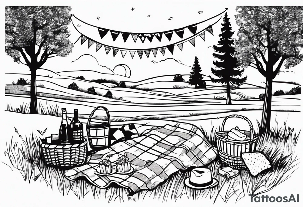 picnic scene on a meadow, with a sheckers blanket, basket, pillows and party pennants. tattoo idea
