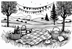 picnic scene on a meadow, with a sheckers blanket, basket, pillows and party pennants. tattoo idea
