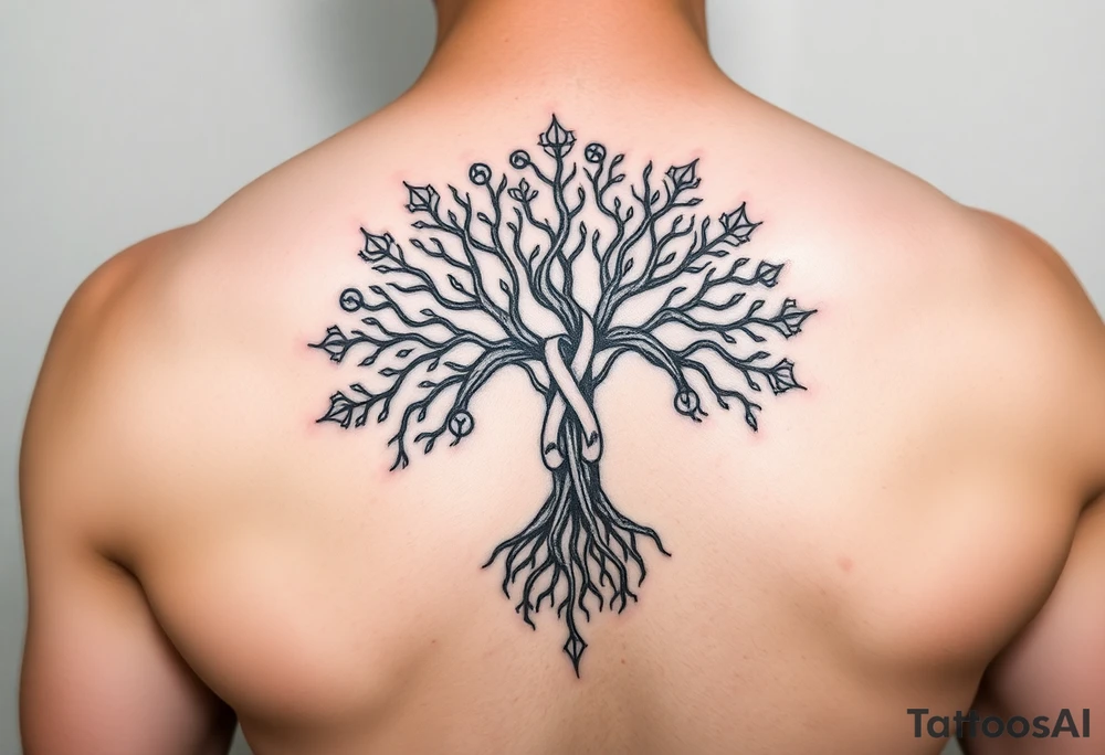 geometrical mystical tree of life with cosmic roots and celestial branches with HIV-positive symbol tattoo idea