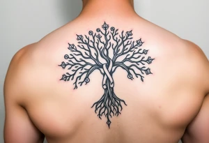 geometrical mystical tree of life with cosmic roots and celestial branches with HIV-positive symbol tattoo idea