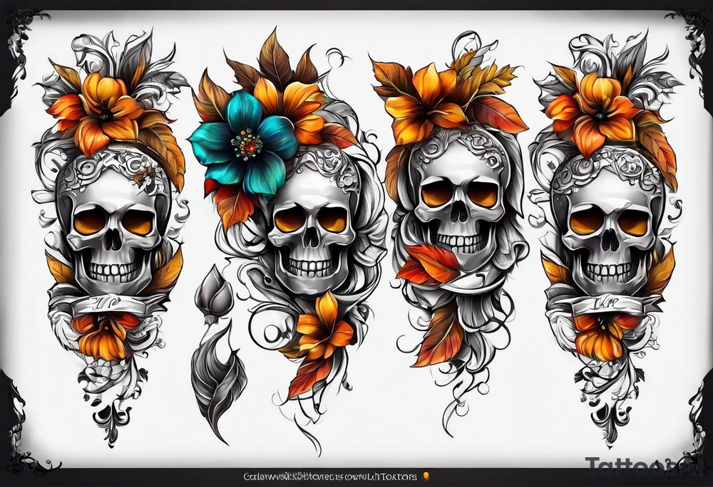 Knee tattoo with skulls, flower shapes and fall colors tattoo idea
