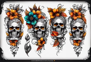 Knee tattoo with skulls, flower shapes and fall colors tattoo idea