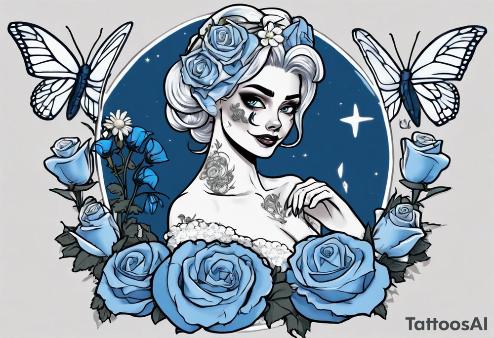 character Emily from the film corps bride. she is wearing a wedding dress. the vail on her head. she is holding a bouquet of blue roses in the middle of the bouquet  there is one white daisy. there is a Blue Morpho butterfly flying above the white daisy. A full moon on the background. tattoo idea
