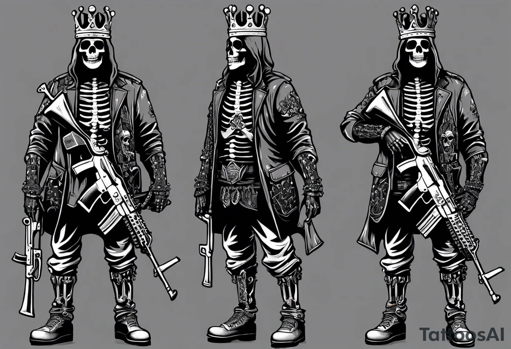 image of a skeleton standing frontally with a crown on his head, holding an AK-47 on his shoulder with his right hand. The chain on the left should be taut, there are three angry barking Dobermans in it, near the waist tattoo idea