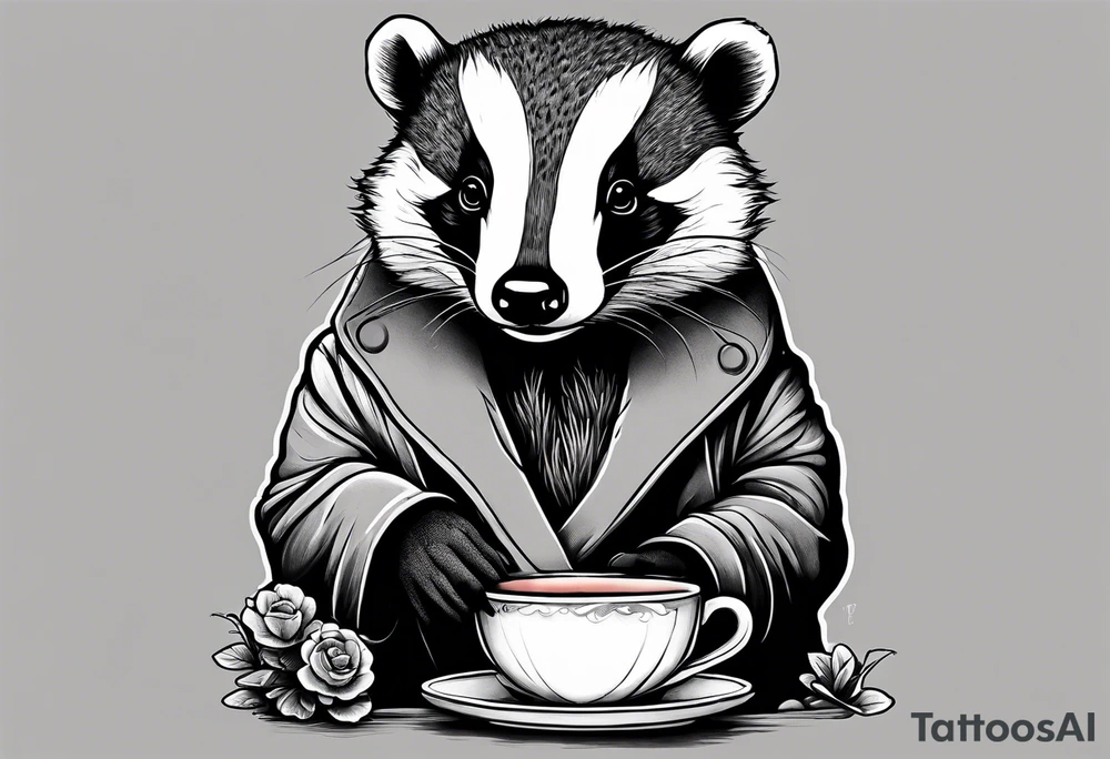 Badger in a coat with a teacup sitting on a mushroom tattoo idea