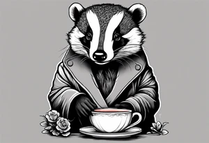 Badger in a coat with a teacup sitting on a mushroom tattoo idea