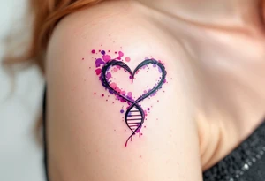 A stylized DNA helix in violet and pink forming a heart pays tribute to the biological and emotional bonds of motherhood. tattoo idea