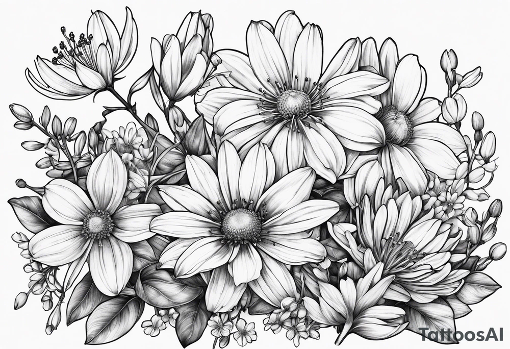 Honeysuckle,3 daisys,cosmos,and snowdrop tattoo idea
