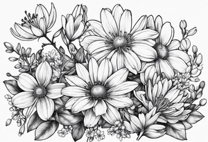 Honeysuckle,3 daisys,cosmos,and snowdrop tattoo idea