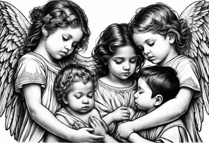 Six angels praying together. Three boy angels,  and three girl angel, with their wings gently unfolding a baby angel in a protective embrace tattoo idea