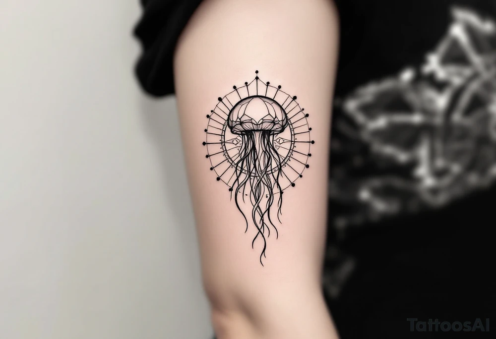 minimal fine-line tattoo, single jellyfish, sacred geometry surround, dotwork patterns, jellyfish bell dome, flowing tentacles, trailing streamers, geometric mandala, radiating dotwork, minimalist design, black grey lines, soft shading, no outlines, geometric frame, organic jellyfish form, upper arm shoulder placement, light airy feel, delicate linework, geometric backdrop, clean lines, radiating patterns, simple jellyfish centerpiece, minimalist, psychedelic, not symmetrical tattoo idea