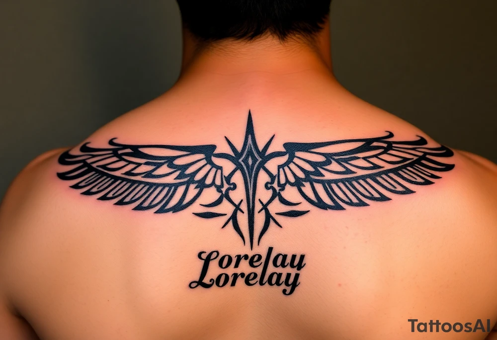 Crea un diseño significativo sobre la cultura egipcia y que tenga el nombre escrito por de bajo del diseño el nombre de mi hermana Lorelay para la parte baja del bíceps tattoo idea