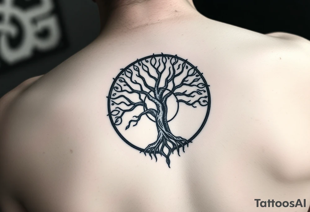 yggadrisl tree of life with circle. Jai , Phoebe, Imogen, Matilda in the circle tattoo idea