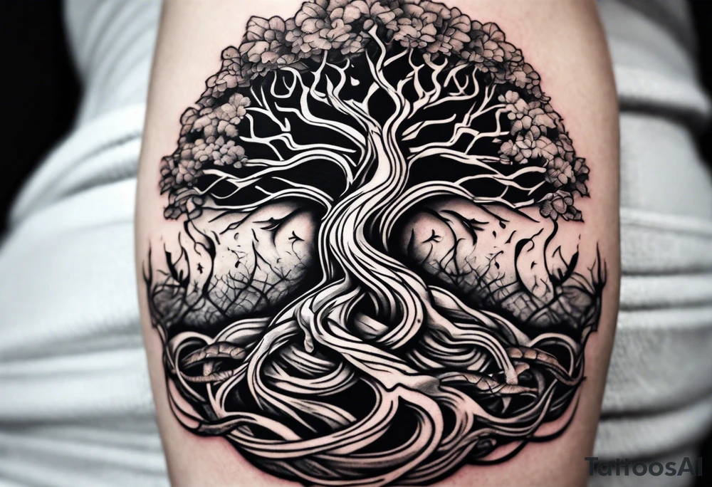 Tattoo around the forearm in the form of intertwined tree roots and two lizards hiding in the roots tattoo idea