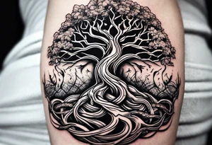 Tattoo around the forearm in the form of intertwined tree roots and two lizards hiding in the roots tattoo idea