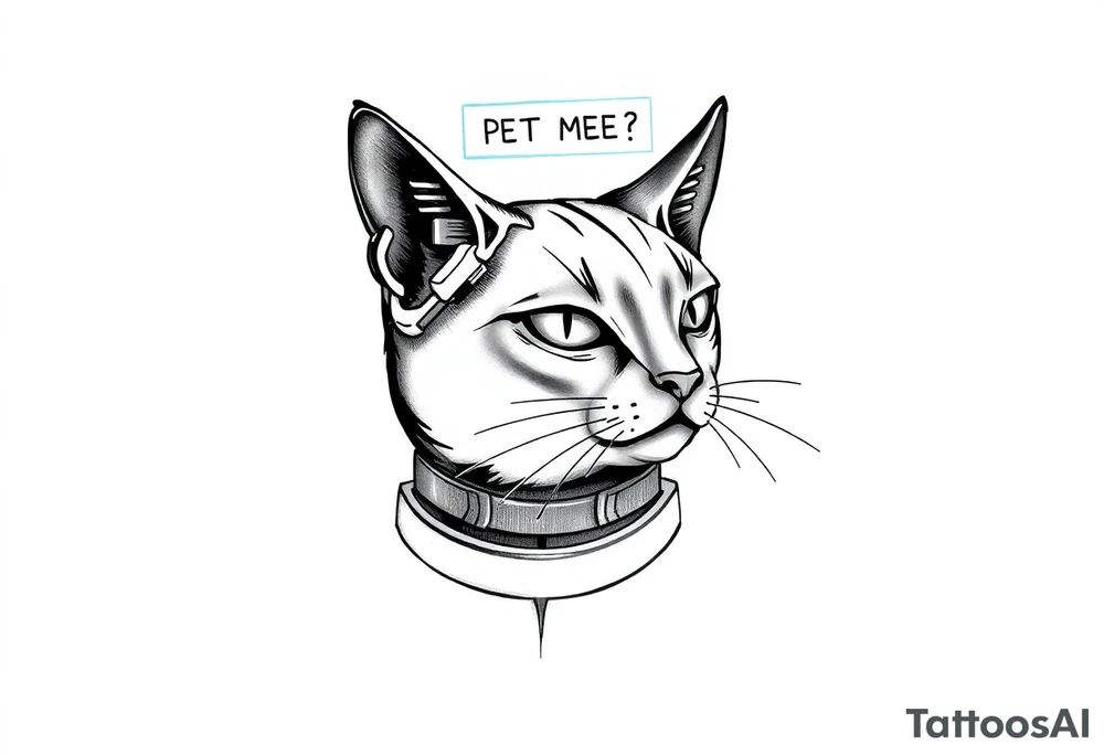 Cybernetic Cat with a Holographic CollarA sleek, cyberpunk cat with one glowing eye and mechanical enhancements.A floating AR display above its head showing "PET ME?"Whiskers made of thin fiber-optic cables. tattoo idea