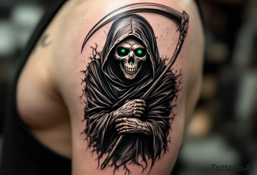 A classic black Reaper with smoky green shadows and a bone-white scythe blade. tattoo idea