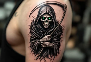 A classic black Reaper with smoky green shadows and a bone-white scythe blade. tattoo idea