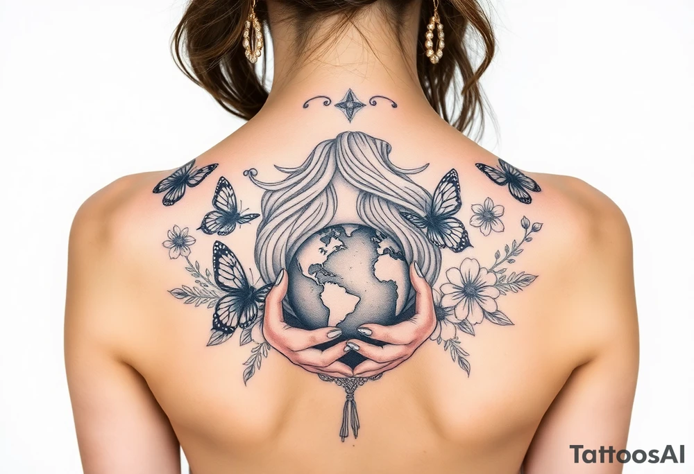 Taurus goddess with earth in her hands and butterflies and flowers all around her tattoo idea