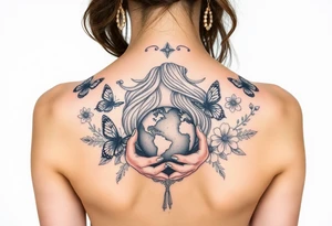 Taurus goddess with earth in her hands and butterflies and flowers all around her tattoo idea