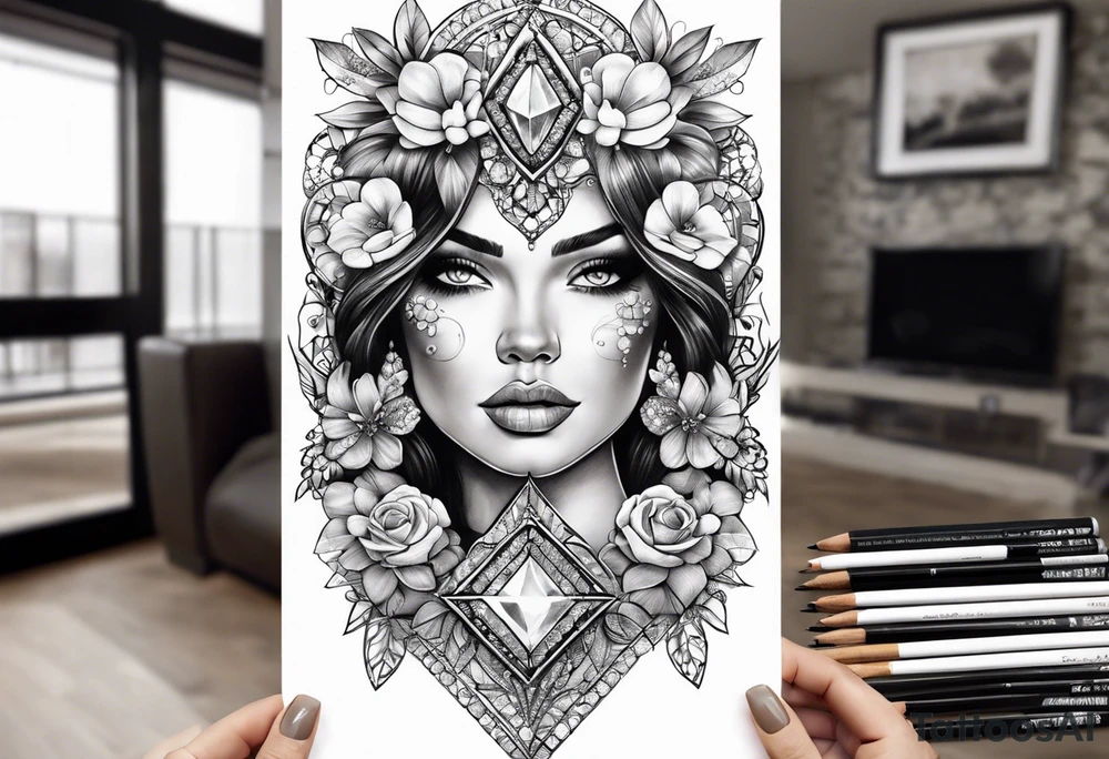 Chunky diamond with lace and gemstones full sleeve tattoo idea