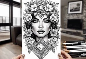 Chunky diamond with lace and gemstones full sleeve tattoo idea