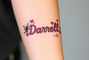 "Darrell" in 1 in cute font, inner forearm from elbow to wrist, whimsical, bright neon colors, surrounded with hearts, flowers and fairies tattoo idea