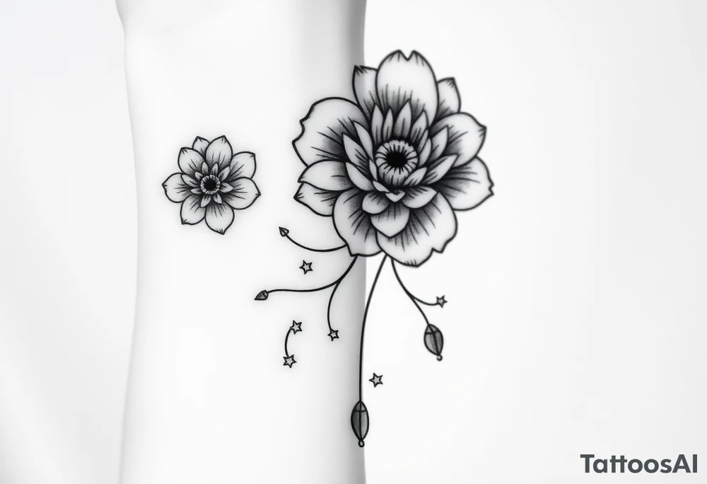 I want it on my wrist. I want a beautiful flower on the inside of my wrist with tendrils down the inside of my arm with little delicate stars or motes and the name Zoey

Why are you showing it on a back? I want it on the inside of my wrist

I want it to be a little smaller. I want the lines to be super fine. I want more organic delicate tendrils. The name Zoey should be about 3" up on the inside of my arm 

Ok now more stars. I just want the tnedrils to look more natural and flowy and graceful tattoo idea