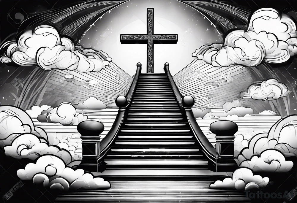 A heavenly stairway to heaven with clouds with a cross with a cross necklace with biblical verses tattoo idea