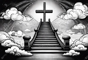 A heavenly stairway to heaven with clouds with a cross with a cross necklace with biblical verses tattoo idea