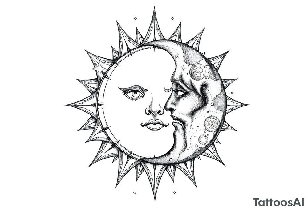 celestial sun and moon embrace with constellation patterns tattoo idea