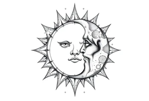 celestial sun and moon embrace with constellation patterns tattoo idea