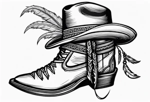 Boots with barbed wire wrapped around and a Indian feather hanging off the wire cowboy hat hanging off the boots tattoo idea