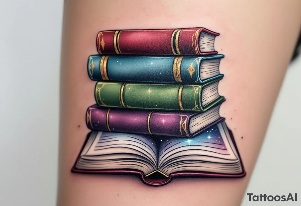 Stack of Classic Novels – A realistic tattoo of a stacked pile of books with vintage worn covers in rich burgundy, deep green, and faded navy, symbolizing a love for timeless literature.

Galaxy Within the Pages – An open book with cosmic blues, purples, and silver tattoo idea
