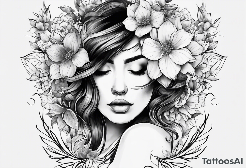 fine line tattoo with woman facing forward flowers covering her eyes and forehead with flowers growing out of her head tattoo idea