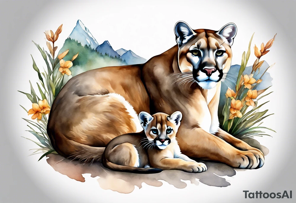 Mother mountain lion with 2 cubs, mother otter with 1 baby and mother flicker bird with one baby tattoo idea