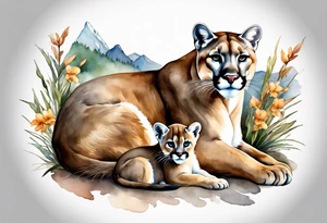 Mother mountain lion with 2 cubs, mother otter with 1 baby and mother flicker bird with one baby tattoo idea