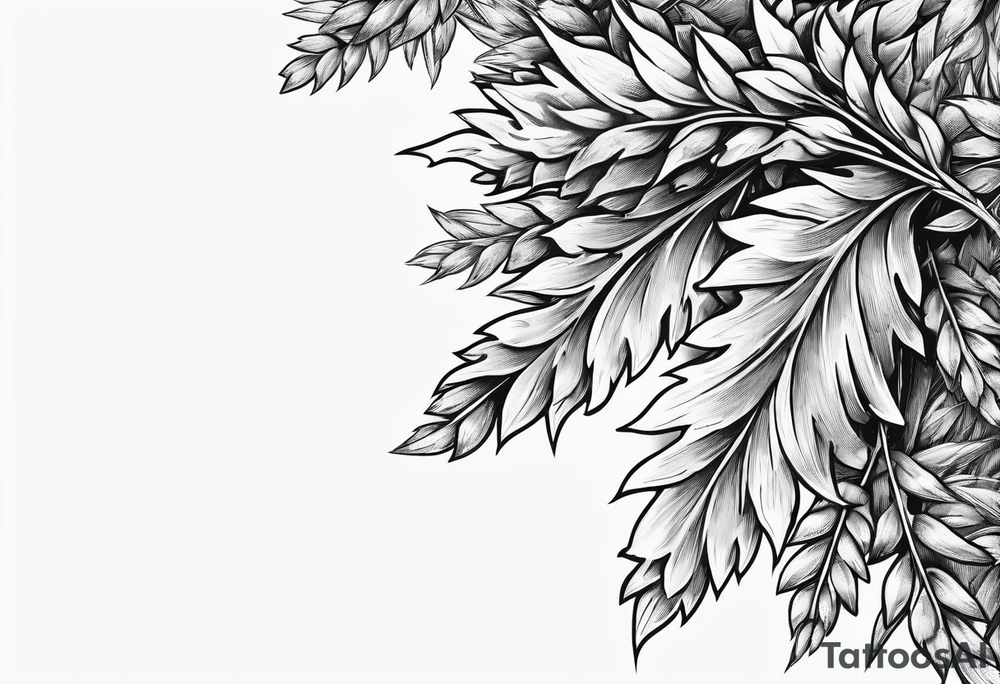Oak tree leaves with wheat stalks wrapped in a ribbon tattoo idea